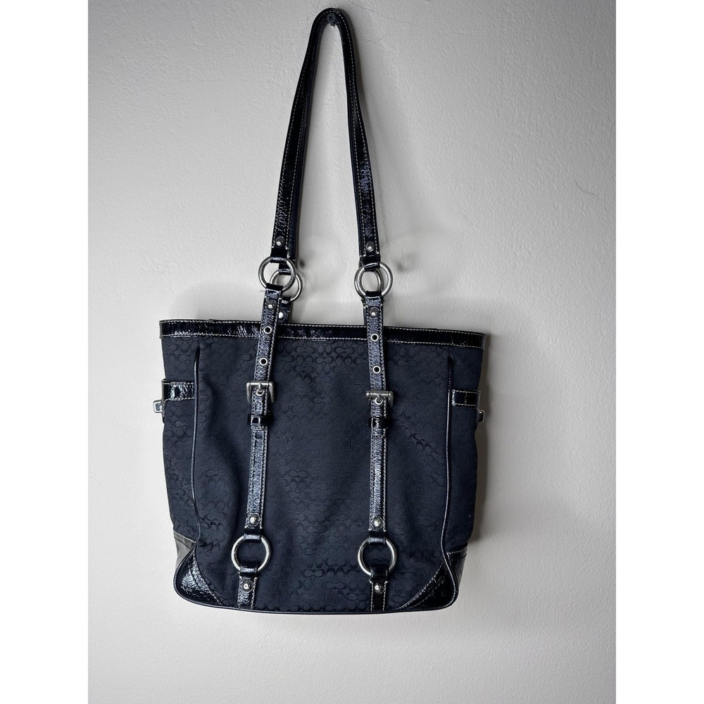 Coach Signature Avary Tote Bag Womens Medium Black Canvas Leather Buckle F12344